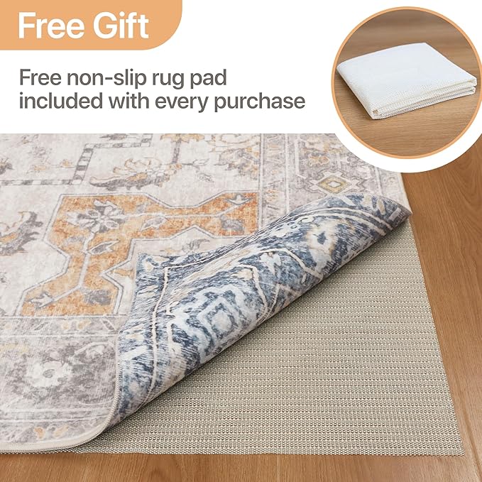 GENIMO 2x3 Reversible Door Mat for Entryway, Machine Washable Non Slip Vintage Rugs, Low Pile Lightweight Soft Print Rug for Hallway, Corridor, Home, Office, Kitchen, Taupe & Blue