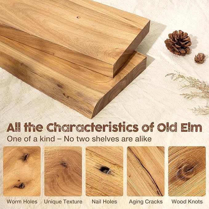 fuqing Live Edge Floating Shelves for Wall 55 inch, 8 Inch Deep Solid Elm Wood Floating Wall Shelves - Rustic Wooden Shelves with Invisible Brackets for Living Room Bedroom Kitchen, 1 Pack, Natural