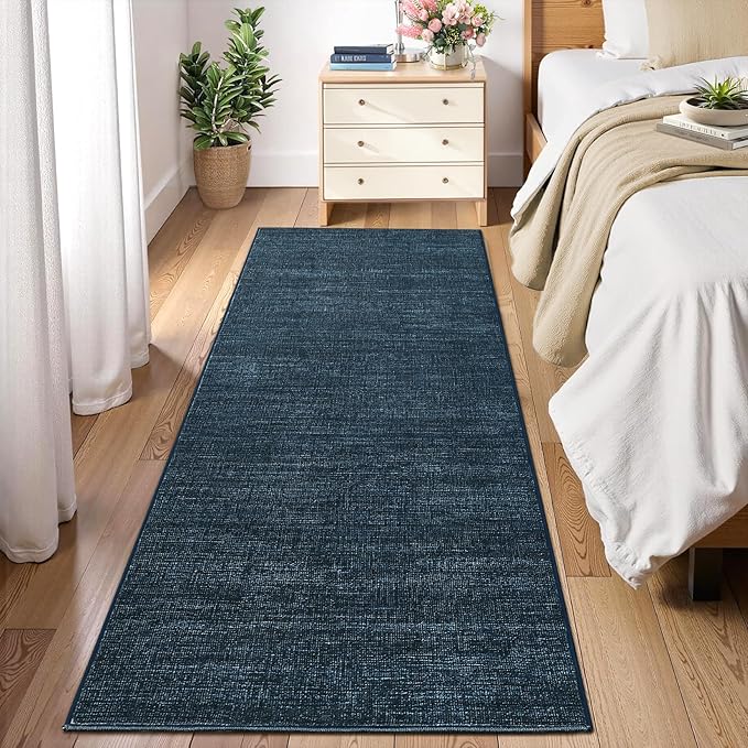Hallway Runner Rug 2.5x8 Washable Non Slip Kitchen Runner Rugs Low Pile Modern Solid Color Living Room Rugs Minimalist Plain Entry Long Runners Boho Accent Solid Runner Rugs for Bedroom Nursery, Blue