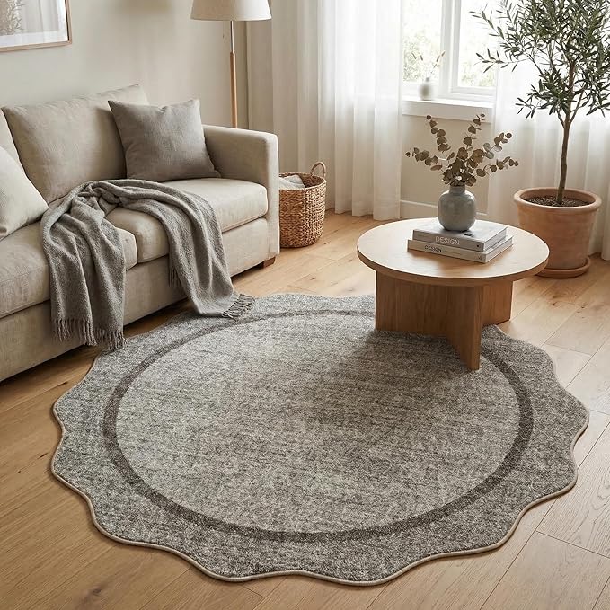 GarveeHome Scalloped Round Area Rugs, Washable Small Round Rug 3 ft Non-Slip, Soft Christmas Solid Ultra-Thin Circle Low Pile Stain Resistant Carpet for Bedroom Entryway Kitchen Bathroom, Brown