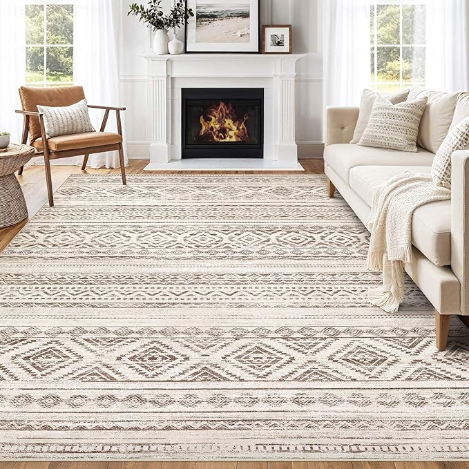 cotiled 10x12 Area Rug Living Room: Washable Boho Rugs with Non Slip Backing Large Soft Indoor Stain Resistant Carpet for Bedroom Farmhouse Dining Room Lightweight Home Decor Dark Brown