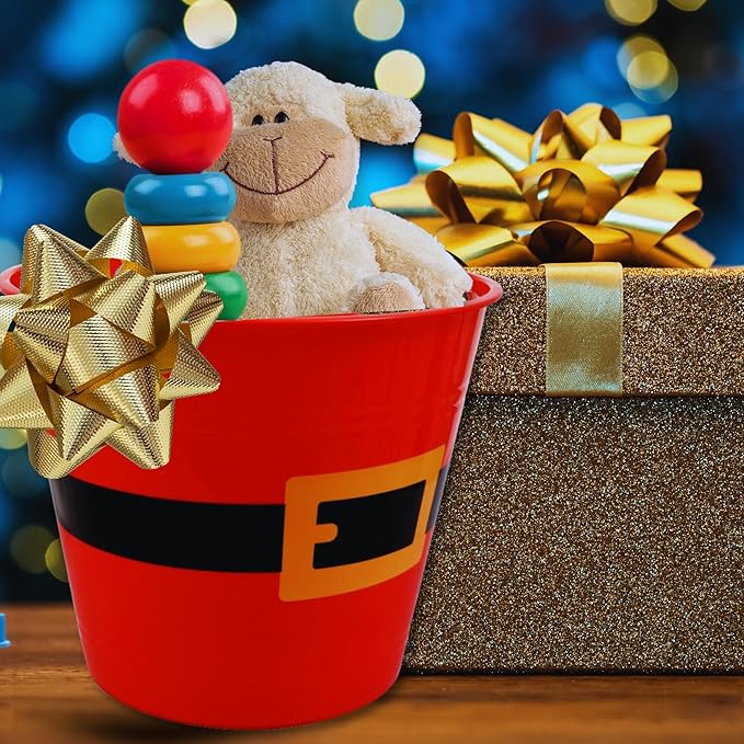 2-Pack Christmas Santa Belt Buckets, 7.95in. x 8.32in. Holiday Gift Red Pail Basket with Handles Party Favor Stackable Containers Goodie Bags Treat Holders Christmas Décor Craft Decorative Storage