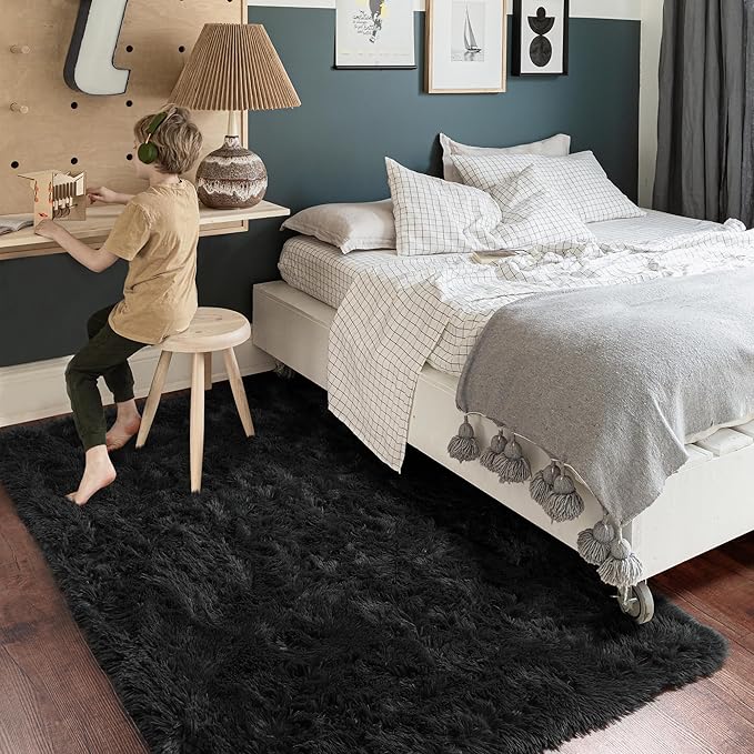 Amdrebio Black Rugs for Bedroom Living Room Decor Aesthetic, Fluffy Shag Furry Area Rugs for Kids, Men, Boys Room, Modern Cool Carpet for Classroom, Apartment, Nursery, Dorm, Office, 4x6 Shaggy Rug