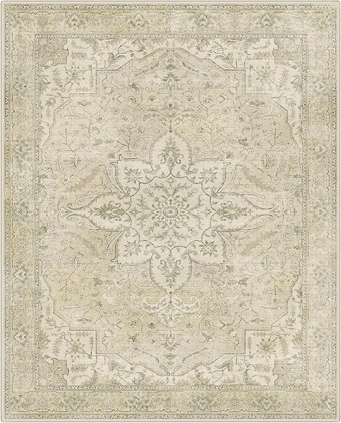 GENIMO 8X10 Washable Vintage Area Rugs for Living Room, Non-Slip Low Pile Chenille Print Rug, Soft Rugs for Bedroom Dining Room Home Office, Linen & Taupe