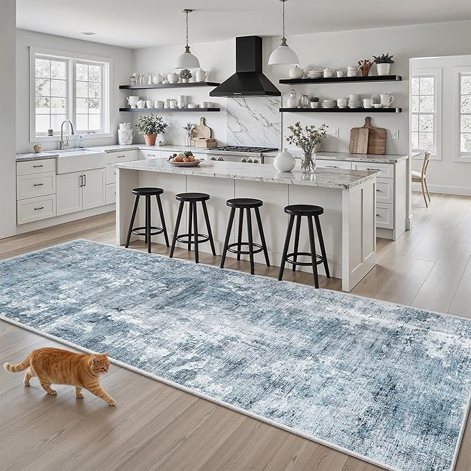 Soalmost Runner Rug 3x8 Washable Non-Slip Hallway Runner Rugs for Kitchen Bathroom Laundry Room Blue/Grey Vintage Floor Carpet Runners for Hallways Entryway