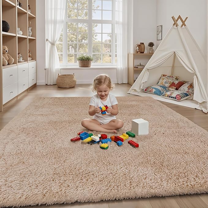Area Rug for Living Room Bedroom: 6x9 Camel Soft Fluffy Shag Upgrade Non-Slip High Pile Carpet Large Fuzzy Plush Indoor Floor Decor Shaggy Rug for Kid Boys Girls Dorms Playroom Nursery Modern Home