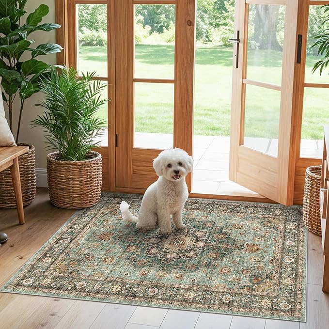 TOPRUUG Green Entryway 3x4 Rug - Washable Area Rugs for Kitchen Bathroom Non-Slip Ultra-Thin Indoor Door Mat Indoor Entrance - Stain Resistant Small Throw Carpet (Green, 3X4)