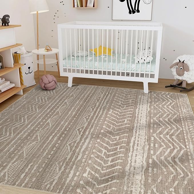 Nakagishi 8x11 Area Rugs Living Room: Washable Boho Large Neutral Soft Farmhouse Area Rugs Stain Resistant Modern Non-Slip Indoor Floor Carpet for Bedroom Nursery Kids Playroom Office-Dark Brown