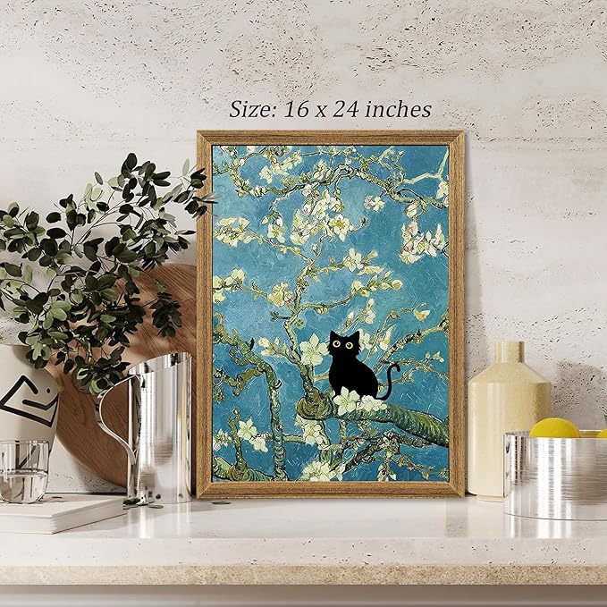 Fantasy Artists Van Gogh's Almond Blossom Funny Black Cat Canvas Wall Art, Oil Painting Posters Home Decor, Vintage Abstract Aesthetic Wall Decorations for Living Room Bedroom, 16'' x 24''