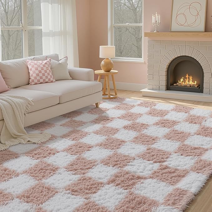 PureCozy Checkered Rug 8x10 for Living Room, Pink and White Modern Shag Rugs Super Soft Washable Indoor Office Fuzzy Carpet Non-Slip Fluffy Rugs for Bedroom Home Aesthetic Decor