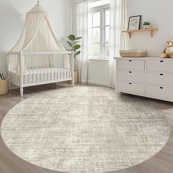 5ft Round Rug Living Room: 5x5 Washable Large Neutral Brown Circle Area Rug Abstract Soft Modern Stain Resistant Indoor Floor Non-Slip Carpet for Bedroom Nursery Kids Office Playroom Dining Room