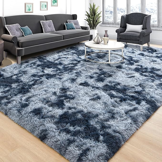 Tepook Fluffy Large Rugs for Living Room, 8x10 Area Rugs for Bedroom, Modern Shag Rug Fuzzy Carpets for Kids Boys Girls, Plush Indoor Nursery Home Decor Rug with Non-Slip Bottom, Tie-dye Dark Blue