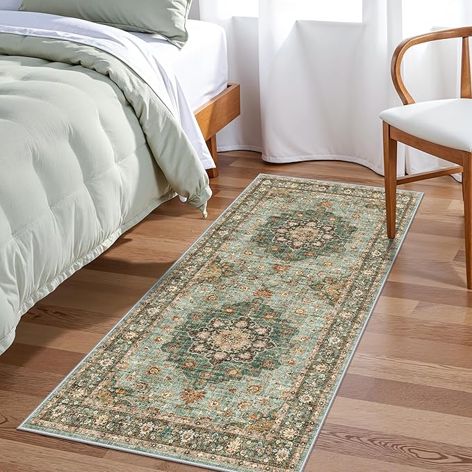 TOPRUUG Green Oriental Entry Rug - 2x4 Washable Area Rugs for Kitchen Bathroom Non-Slip Ultra-Thin Indoor Door Mat Indoor Entrance - Stain Resistant Small Throw Carpet (Green, 2X4)
