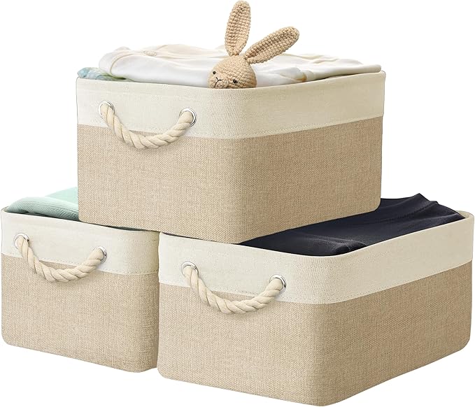 Simple Houseware 15.7" x 12" Wide & Low Fabric Storage Bin for Shallow Gaps and Closet, Braided Handles, 3 Pack, Beige