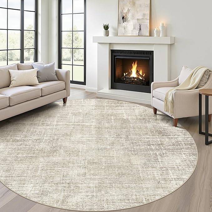 6ft Round Rug Living Room: 6x6 Washable Large Neutral Brown Circle Area Rug Abstract Soft Modern Stain Resistant Indoor Floor Non-Slip Carpet for Bedroom Nursery Kids Office Playroom Dining Room
