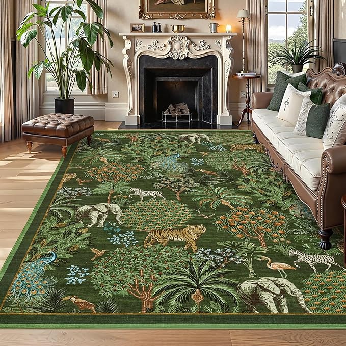 GarveeHome Jungle Washable Rug 9x12 Area Rugs for Living Room Bedroom, Animal Print Rug Non Slip Low Pile Forest Stain Resistance Large Throw Carpet for Dining Room Kids Playroom Nursery, Dark Green