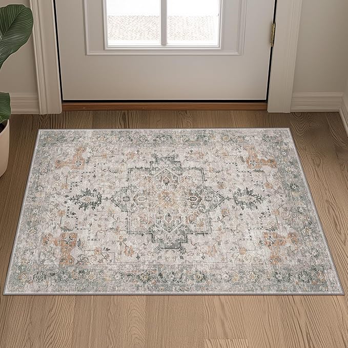 GENIMO Area Rug 20x32 inch Doormat, Machine Washable Low Pile Rugs, Small Retro Chenille Entryway Mat for Entrance, Hallway, Kitchen and Corridor, Light Taupe Brown