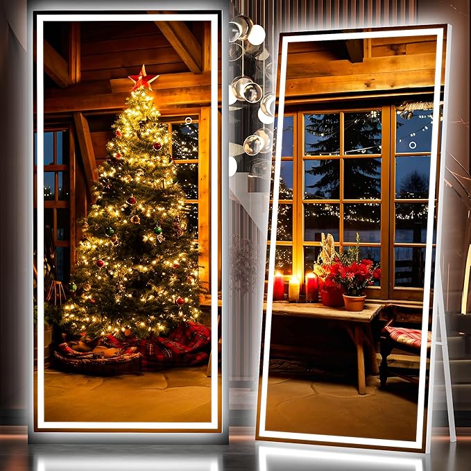 Hasipu Full Length Mirror with Lights, 79" x 32" LED Lighted Floor Standing, Full Body Dressing Hanging Mounted Mirror, Tempered Glass, Square White