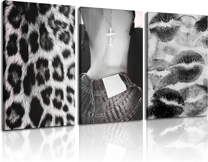 DULASI Set of 3 Fashion Chic Wall Art Kiss Lips Poster Leopard Picture Wall Decor Trendy Y2k Print Black and White Aesthetic Girly Room Decor for Bedroom Living Room Dorm Home Decoration 16"x24"