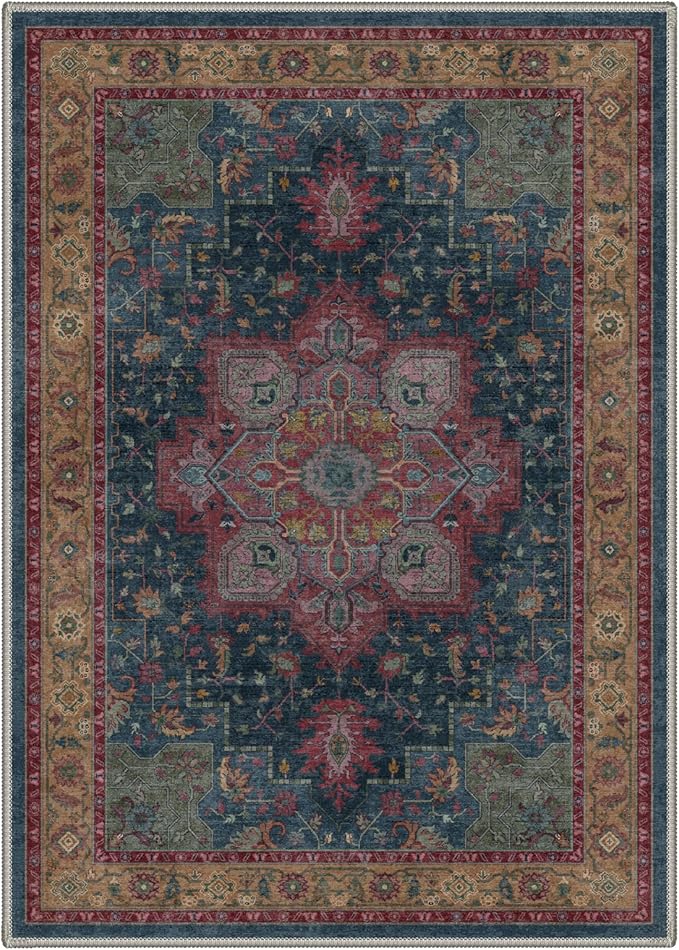 GENIMO 5x7 Area Rugs for Living Room, Machine Washable Rug, Non Slip Indoor Vintage Carpet, Low Pile Lightweight Chenille Print Carpet for Bedroom Dining Room Home Office,Teal Burgundy