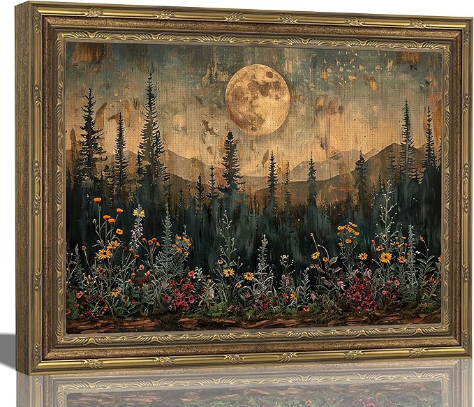 Gold Framed Wall Art Vintage Nature Forest Wall Art Full Moon Forest Landscape Wall Decor Picture Rustic Dark Wildflower Field Poster Print for Bedroom Living Room 9x11in