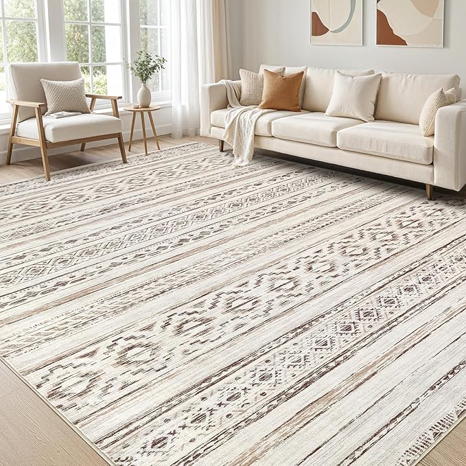 cotiled 5x8 Area Rug Living Room: Washable Boho Rugs with Non Slip Backing Large Soft Indoor Stain Resistant Carpet for Bedroom Farmhouse Dining Room Lightweight Home Decor Cream Brown