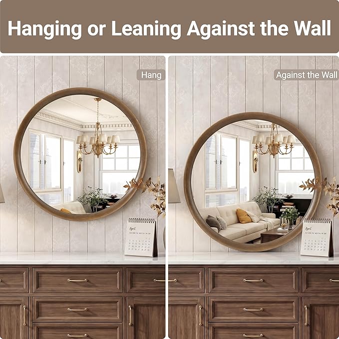 Brakki Round Wall Mirror with Wood Frame, 36 inch Circle Mirror for Bathroom Bedroom Entryway Vanity Living Room, HD Shatterproof Glass, Wall Mounted Decor, Hanging or Leaning, Walnut