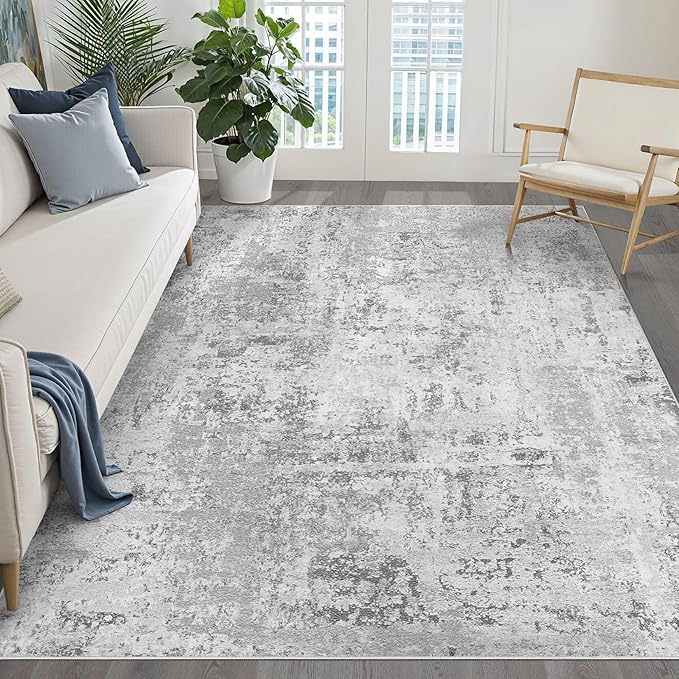 5x7 Area Rug Living Room: Washable Large Neutral Rug Abstract Soft Modern Stain Resistant Indoor Floor Non-Slip Carpet for Bedroom Nursery Kids Office Playroom Dining Room Under Table Home- Light Gray