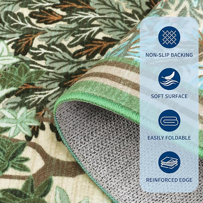 GarveeHome Forest Runner Rug, Beige Green Washable Runner Rug 2x6 for Kitchen, Botanical Low Pile Non Slip Stain Resistance Woodland Hallway Rug for Entryway Bedroom Laundry Room