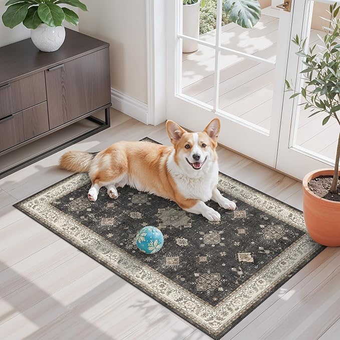 2x3 Washable Non-Slip Area Rug - Soft Low Pile Throw Rug for Kitchen Entryway Bedroom - Vintage Floral Distressed Indoor Door Mat with Rubber Backing (Charcoal Grey)