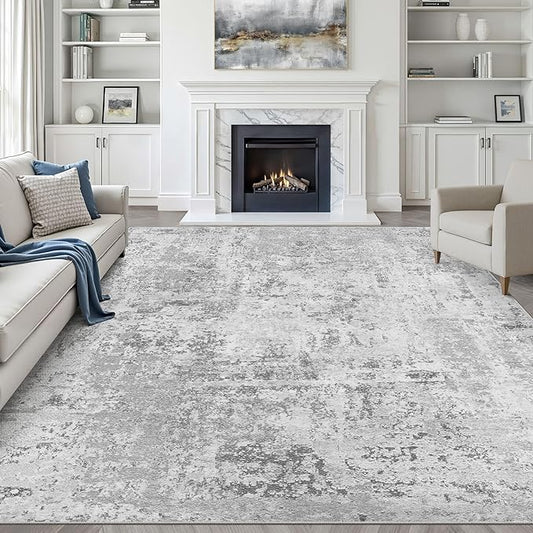10x14 Area Rugs Living Room: Washable Large Neutral Rug Abstract Soft Modern Stain Resistant Indoor Floor Non-Slip Carpet for Bedroom Nursery Kids Office Playroom Dining Room Under Table- Light Gray