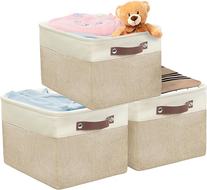 Simple Houseware Large Fabric Storage Bin, 15" x 11" with Leather Like Handles, 3 Pack, Beige