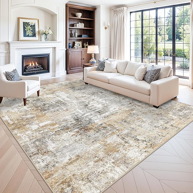 10x10 ft Square Living Room Rug – Washable Modern Abstract Area Rug for Bedroom, Dining Room, Playroom – Neutral Non-Slip Low-Pile Thin Indoor Carpet (Gold Grey)