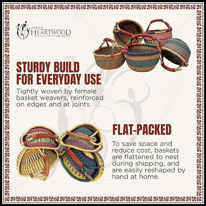 Africa Heartwood Project - Deluxe Colorful African Basket with Leather Handle - Handmade from dried Elephant Grass, Hand-Woven by Women in Bolgatanga, Ghana - Medium 14" Round Flat-packed