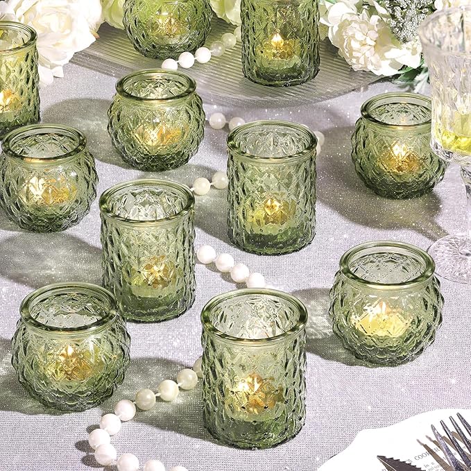 NITIME 12Pcs Assorted Green Votive Candle Holders, Tea Lights Candle Holder for Table Centerpiece, Green Candle Holders for Wedding, Bridal Shower and Tea Party Decorations