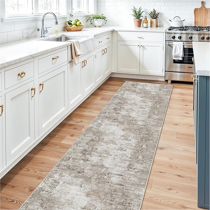 2x10 Ft Long Runner Rug for Hallway – Non-Slip Washable Floor Runner for Kitchen Indoor Entryway, Bedroom, Living Room,Modern Abstract Low-Pile Thin Carpet （Beige Grey）