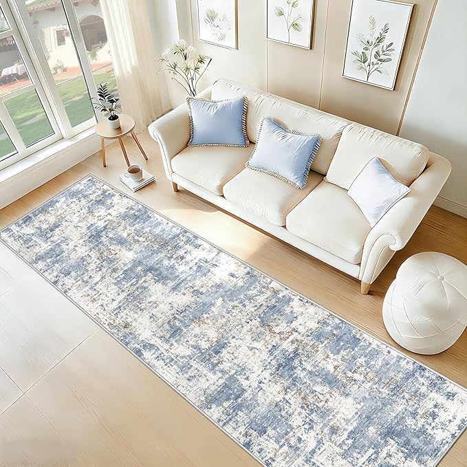 XLUEZ 2.6x8 Runner Rug for Hallway, Washable Modern Abstract Runner Rugs Neutral Soft Non Slip Kids Rug Stain Resistant Indoor Runners for Entryway Bedroom Kitchen Laundry Room(Blue, 2'6''x8')