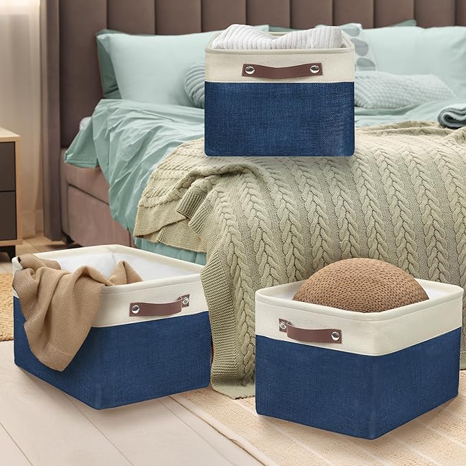 Simple Houseware Large Fabric Storage Bin, 15" x 11" with Leather Like Handles, 3 Pack, Steel Blue