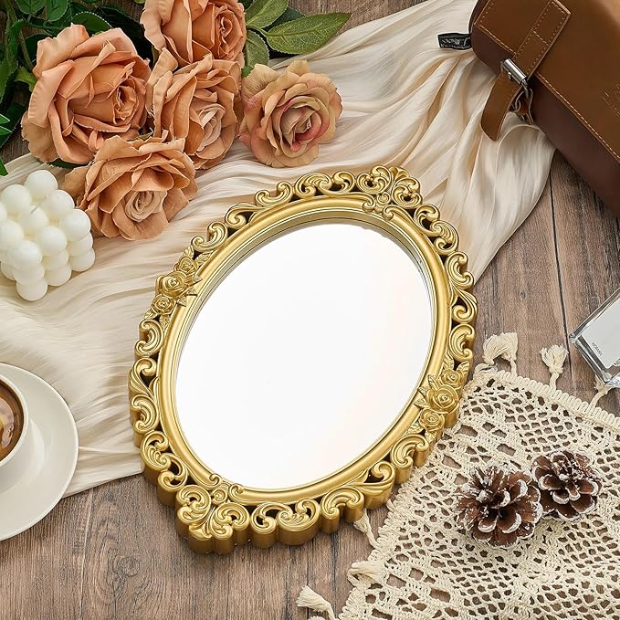 Beeveer 1 Style Vintage Mirrors Set Decorative Oval Wall Mirror Small Antique Mirrored Tray Decorative Hanging Mirror for Bathroom Bedroom Jewelry Organizer Victorian Decor (Oval,Gold)