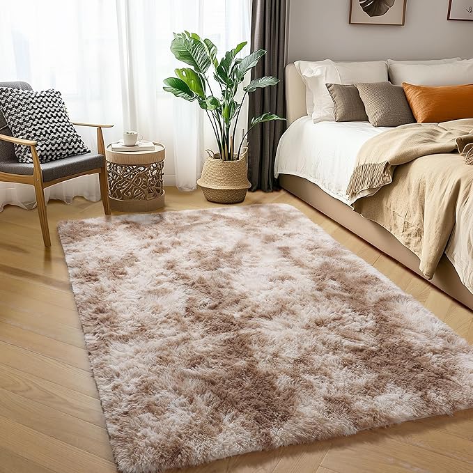Amdrebio Tie-Dyed Beige Tan Rugs for Bedroom Living Room, Cute Fluffy Plush Neutral Area Rug 4x6 for Kids Room Decor Aesthetic, Soft Furry Fuzzy Shaggy Carpet for Baby Nursery Playroom Preppy Dorm