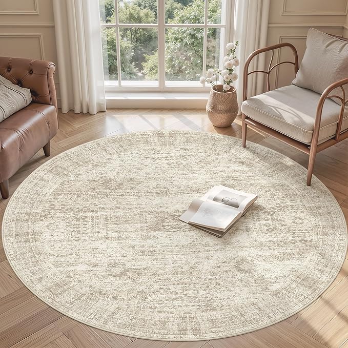 Soalmost 6x6 Beige Round Rug 6ft Living Room Circle Rug Vintage Round Area Rug Non Slip Indoor Carpet for Dining Room Bedroom