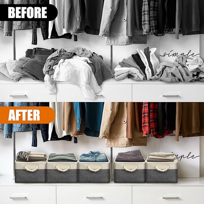 Simple Houseware 15.7" x 12" Wide & Low Fabric Storage Bin for Shallow Gaps and Closet, Braided Handles, 3 Pack, Dark Gray