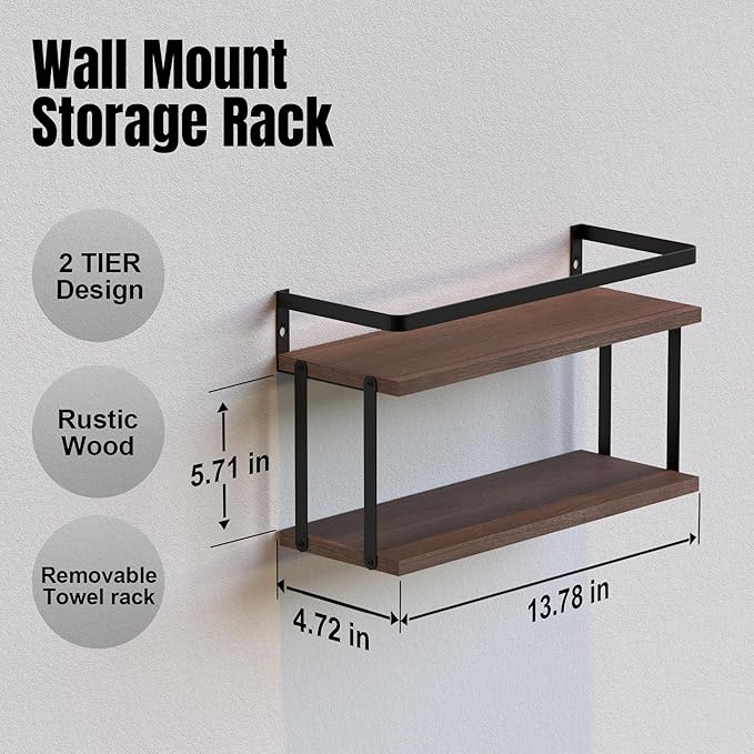 RICHER HOUSE Dual-Level Guardrail Bathroom Shelves, Wood Floating Shelf Wall Mounted, Over Toilet Paper Storage Shelf for Bathroom Wall Decor, Bathroom Organizers and Kitchen Storage - Rustic Brown