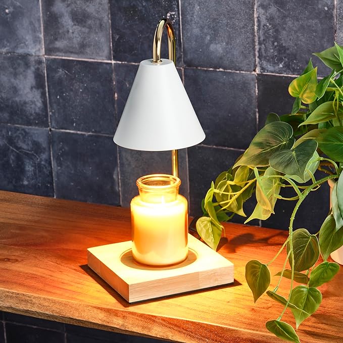 Mikasa 13.4 Inch Electric Candle Warmer with Metal Shade - White Lamp Warmer for Jar Candles, Flameless Fragrance Diffuser with 50W Halogen Bulb, Wood Base, Home Decor for Living Room and Bedroom