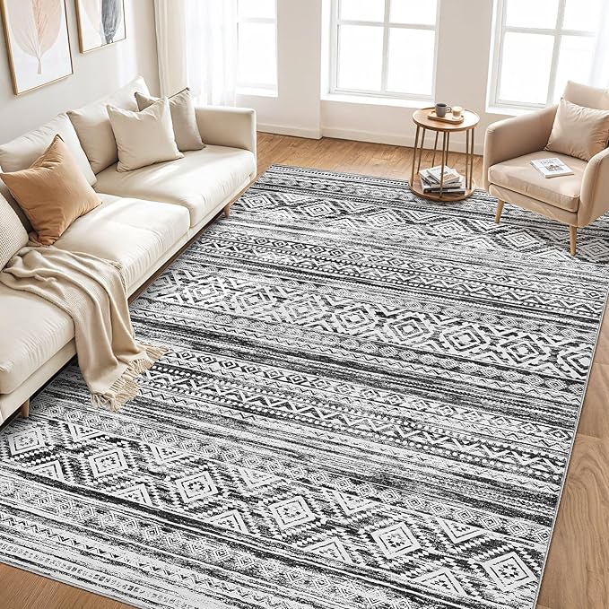 cotiled 6x9 Area Rug Living Room: Washable Boho Rugs with Non Slip Backing Large Soft Indoor Stain Resistant Carpet for Bedroom Farmhouse Dining Room Lightweight Home Decor White/Black