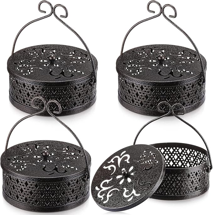 4 Pieces Mosquito Coil Holder Incense Coil Holder Round Retro Portable Metal Hanging Incense Burner with Handle for Home Camping Indoor Outdoor Patio(Bronze Color)