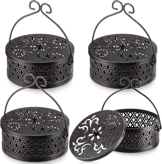 4 Pieces Mosquito Coil Holder Incense Coil Holder Round Retro Portable Metal Hanging Incense Burner with Handle for Home Camping Indoor Outdoor Patio(Bronze Color)