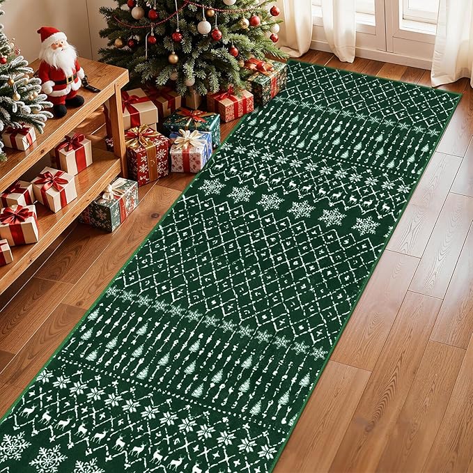 Lahome Christmas Runner Rug for Hallway 2x8 Non Slip Soft Long Kitchen Carpet Runner Washable Low Pile Xmas Snowflake Carpet Runner for Entryway Bathroom Holiday Winter Home Decor Green Hana
