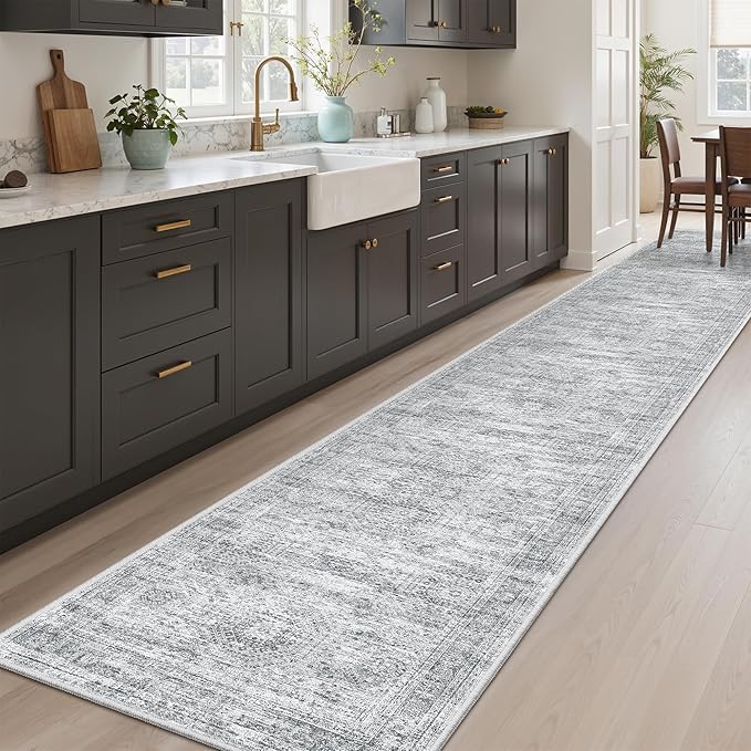 Soalmost Runner Rug 2x12 Washable Non-Slip Hallway Runner Rugs for Kitchen Bathroom Laundry Room Grey Vintage Floor Carpet Runners for Hallways Entryway