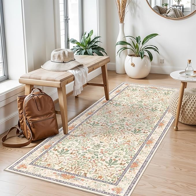 2x5 Non-Slip Washable Runner Rug –Botanical Vintage Florals Small Rug for Hallway, Kitchen, Bathroom, Bedroom, Entryway, Laundry Room – Thin Soft Low-Pile Rubber Backing (Cream, 2x5)